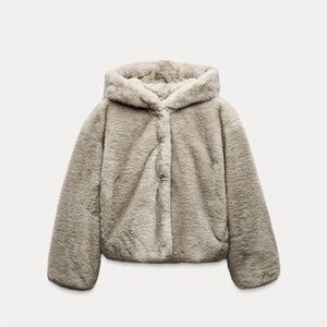 ZARA SHORT FAUX FUR COAT WITH HOOD LIGHT CAMEL Size Medium